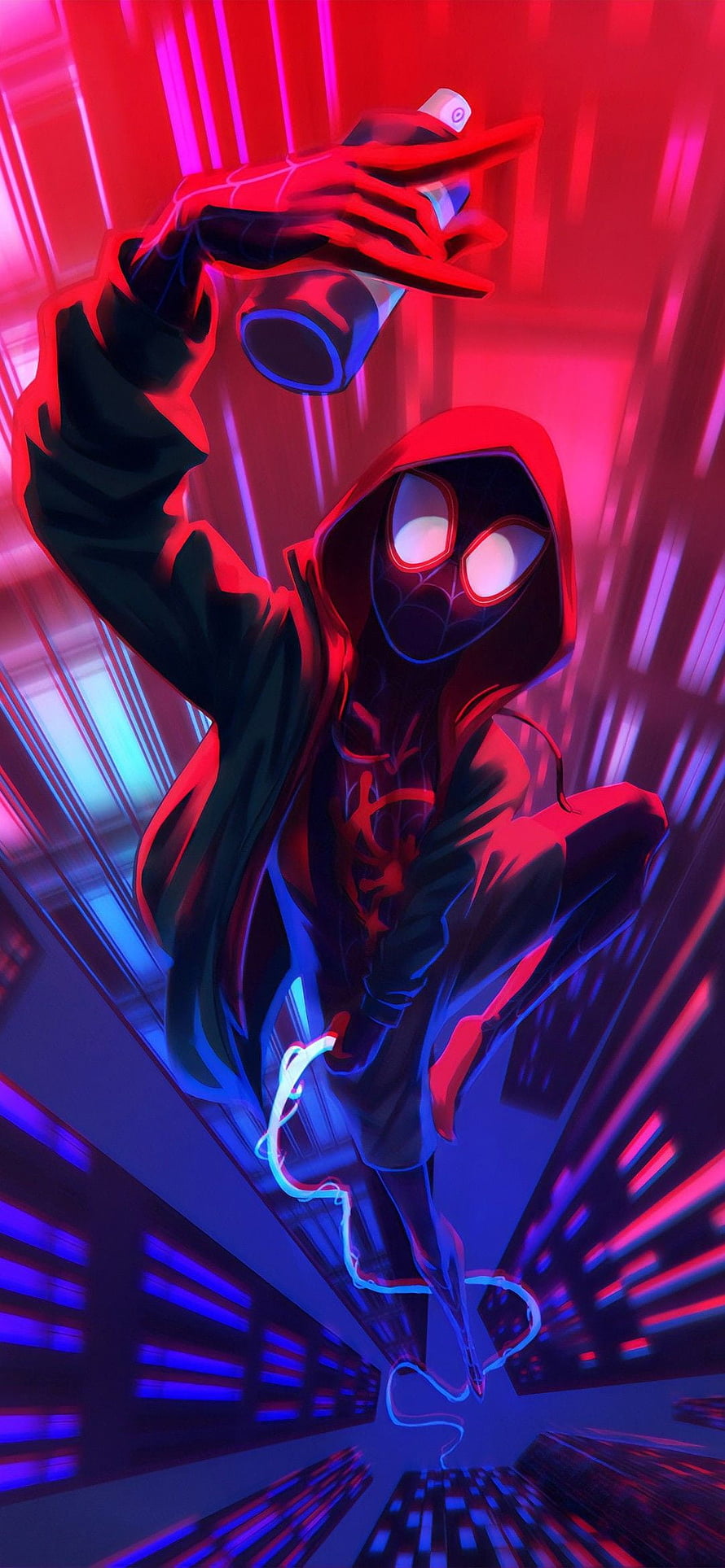 Miles Morales in a neon-lit cyberpunk corridor holding a can, stylized comic art with red and blue lighting HD phone wallpaper