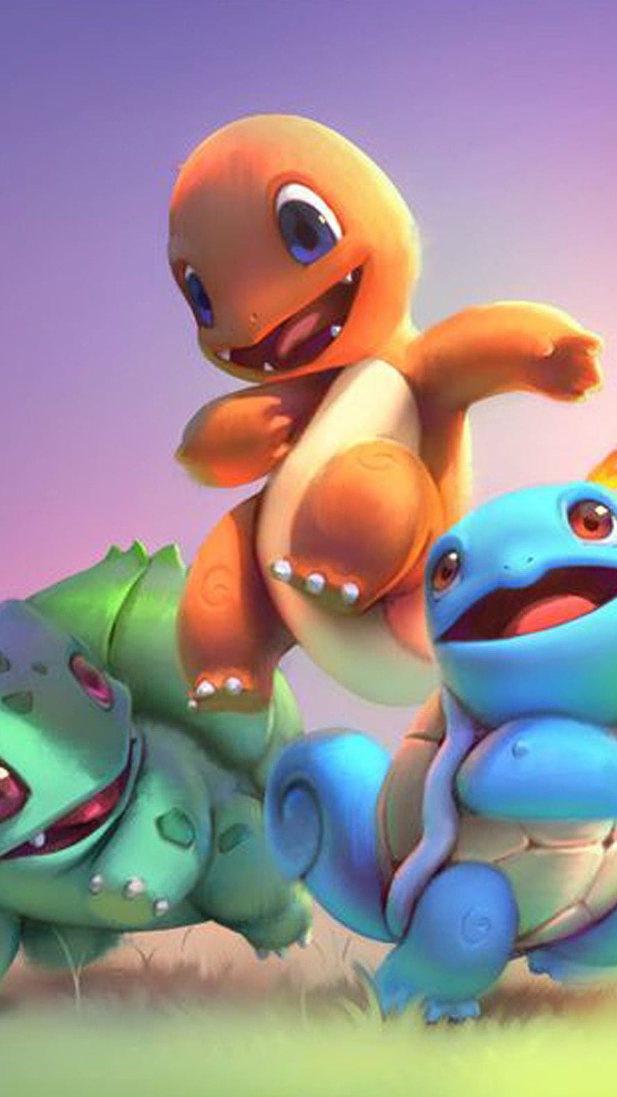 Cute 3D Render of Charmander, Bulbasaur, and Squirtle in a Vibrant Grassland HD phone wallpaper