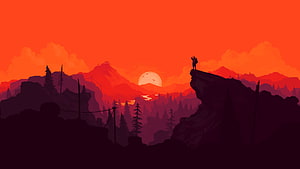 Minimalist Silhouette of a Hiker on a Cliff at Sunset with Pine Forest and Mountains HD wallpaper
