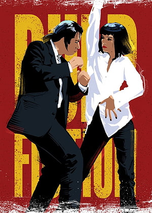 Pulp Fiction Dance Scene Illustration with Stylized Characters and Bold Typography HD phone wallpaper