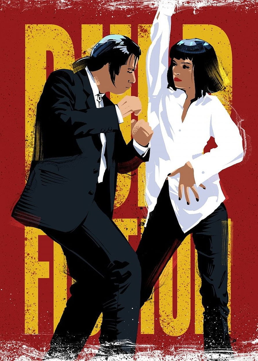 Pulp Fiction Dance Scene Illustration with Stylized Characters and Bold Typography HD phone wallpaper