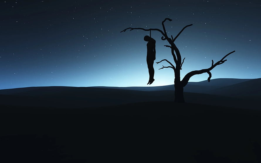 Silhouette of a Hanging Figure on a Bare Tree Under a Starry Night Sky HD wallpaper