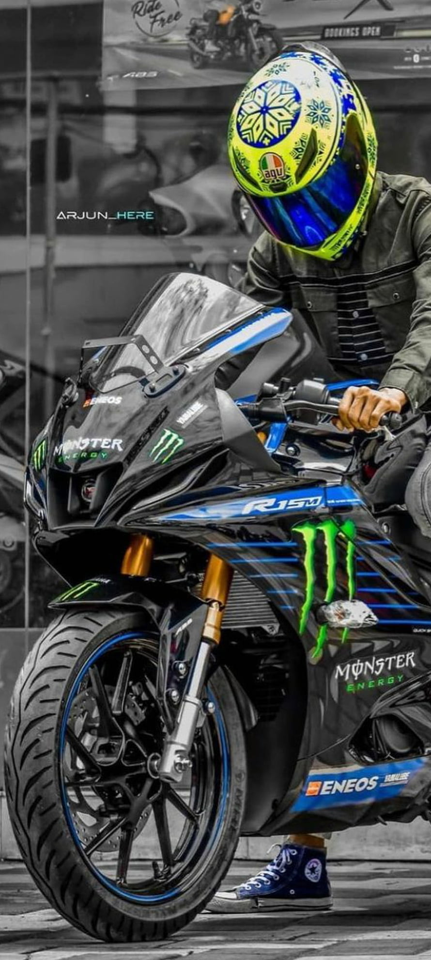 Yamaha R15M Monster Energy Edition Motorcycle with AGV Helmet Rider HD phone wallpaper