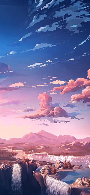 Dreamy Anime Landscape with Waterfalls, Mountains, and a Pastel Sunset Sky HD phone wallpaper