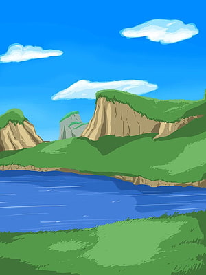 Dragon Ball Z Animated Landscape with Green Hills and Blue River HD phone wallpaper