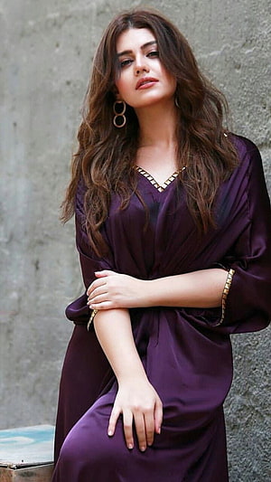 Zara Noor Abbas in Elegant Purple Satin Gown with Gold Accents HD phone wallpaper