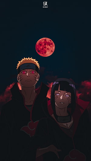 Naruto and Hinata in Akatsuki Robes Under the Infinite Tsukuyomi Moon HD phone wallpaper