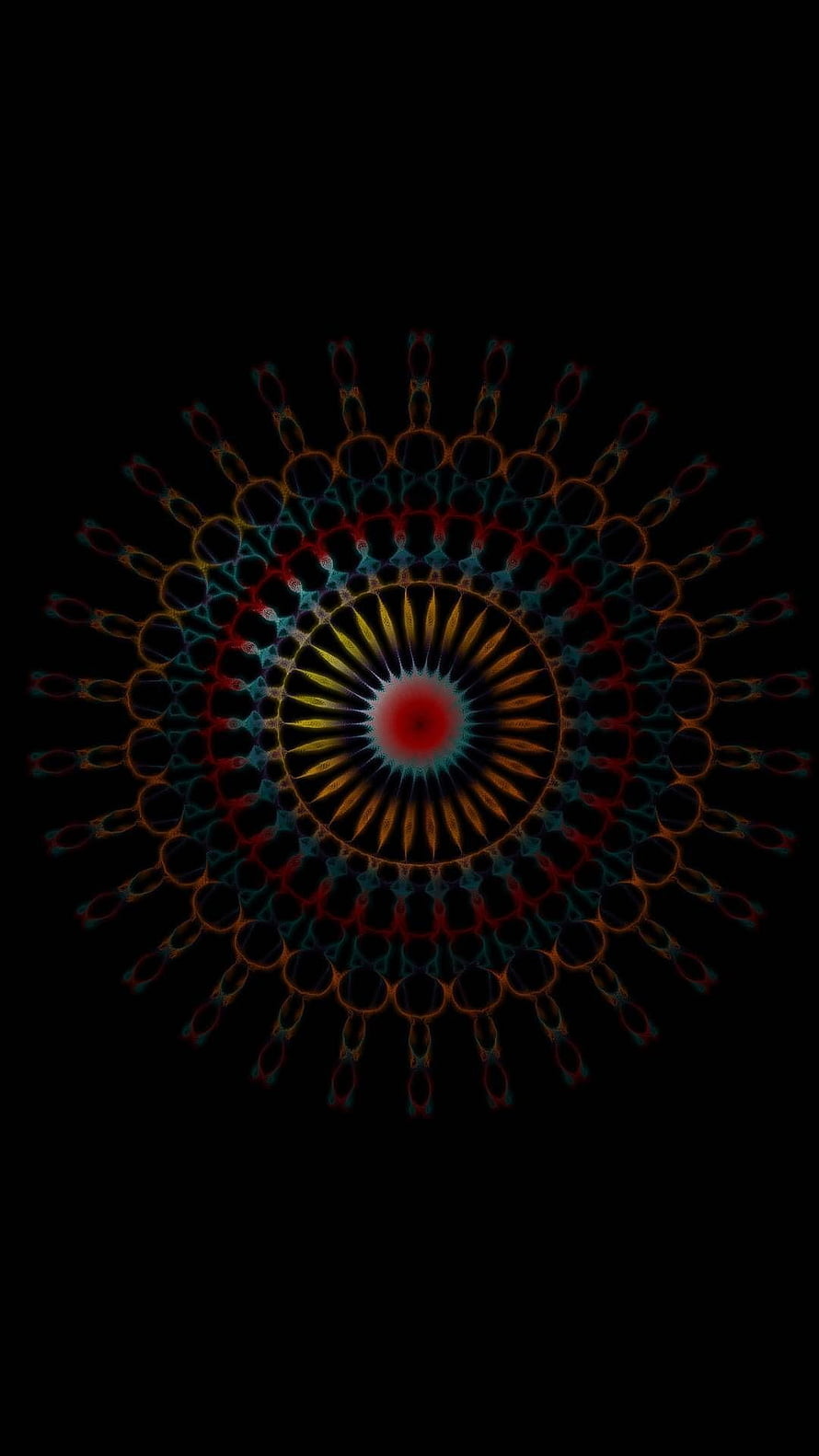 Dark Psychedelic Mandala with Radiating Geometric Patterns on Black Background HD phone wallpaper