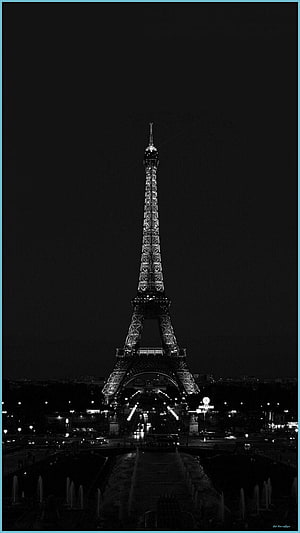 Eiffel Tower at Night in Black and White with Fountains and City Lights HD phone wallpaper