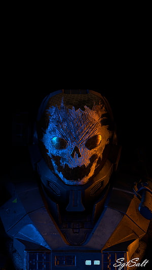 Halo Reach Emile-A239 Spartan Armor with Skull Visor in Dramatic Blue and Orange Lighting HD phone wallpaper