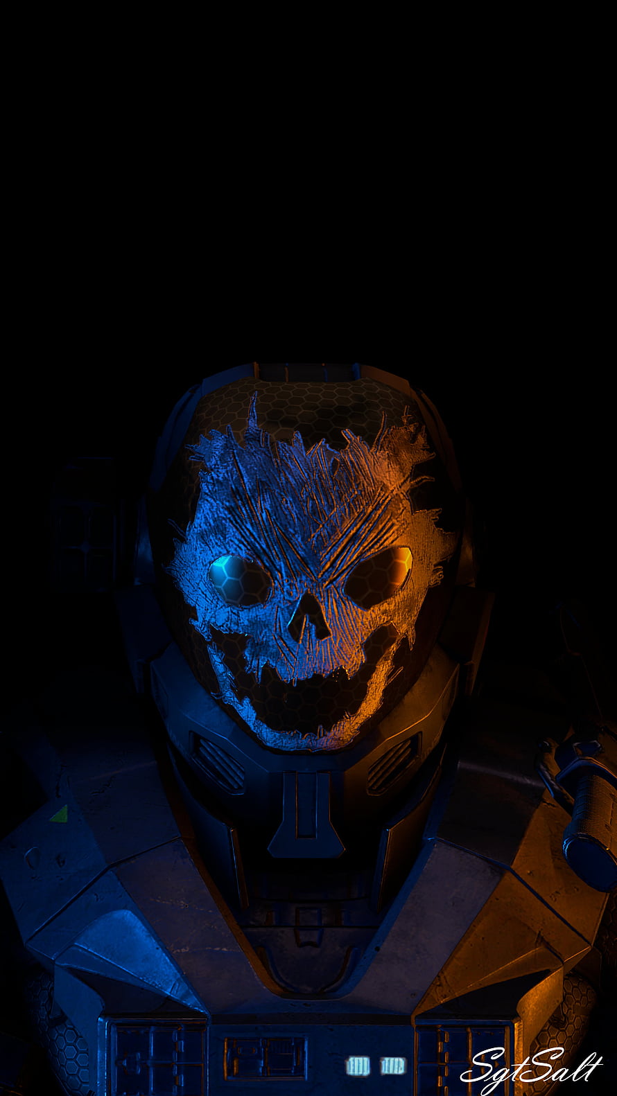 Halo Reach Emile-A239 Spartan Armor with Skull Visor in Dramatic Blue and Orange Lighting HD phone wallpaper