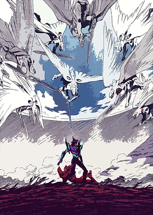 Neon Genesis Evangelion manga art of a lone armored figure facing a swarm of winged angels HD phone wallpaper