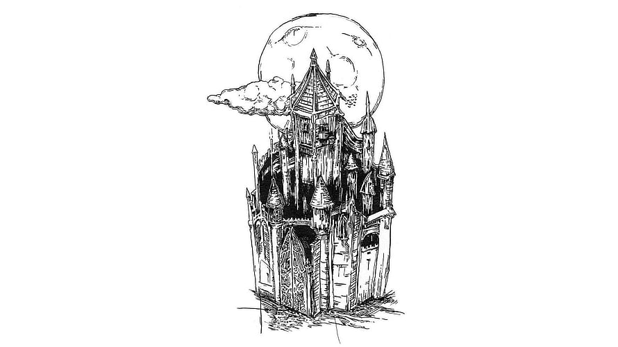 Lil Peep Castles EP Cover Art: Gothic Castle Ink Illustration Under a Full Moon HD wallpaper