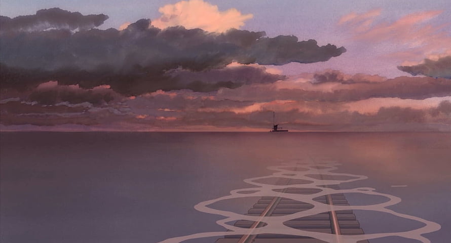 Spirited Away Ocean Sunset with Railway Tracks and Distant Ship HD wallpaper