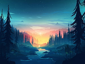 Stylized Flat Vector Landscape with Pine Forest and River at Sunset HD wallpaper