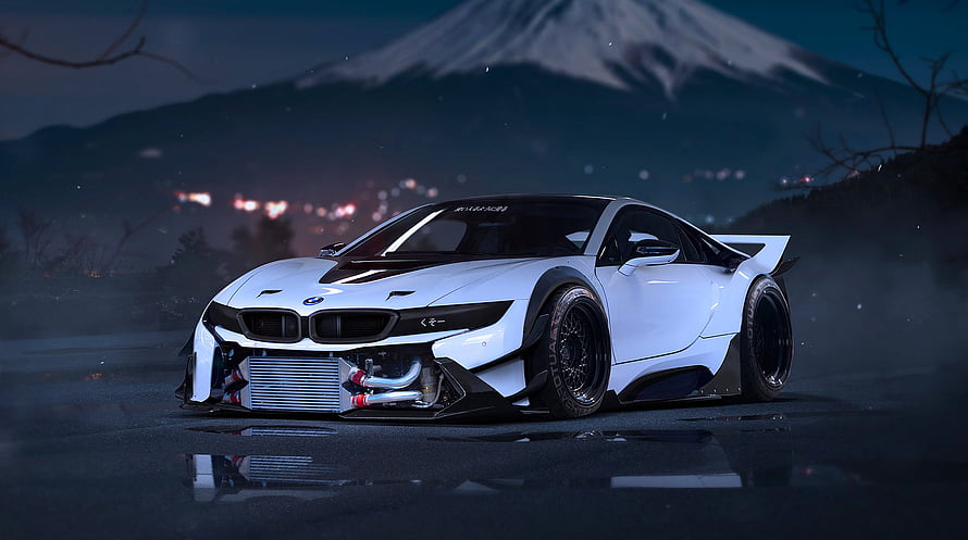White BMW i8 widebody tuning on a wet road at night with a snow-capped mountain in the background HD wallpaper