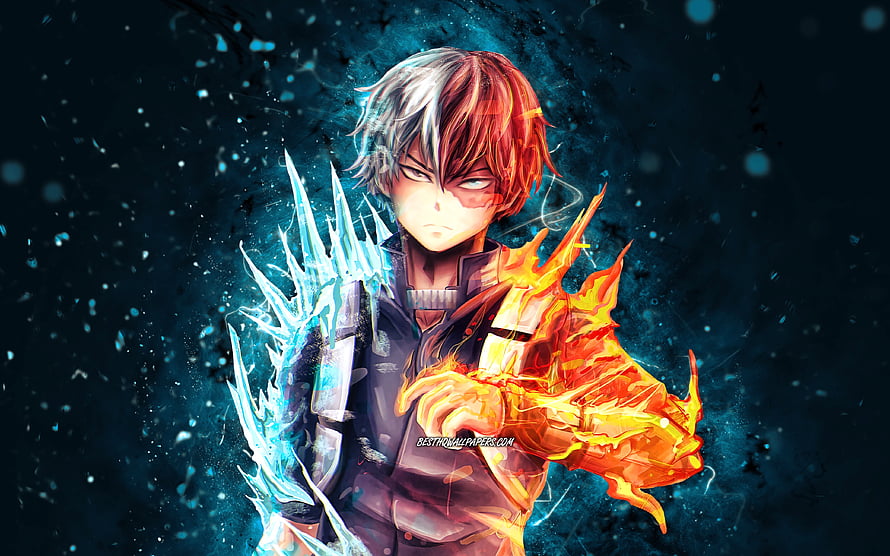 Shoto Todoroki from My Hero Academia wielding ice and fire powers in dramatic anime artwork HD wallpaper