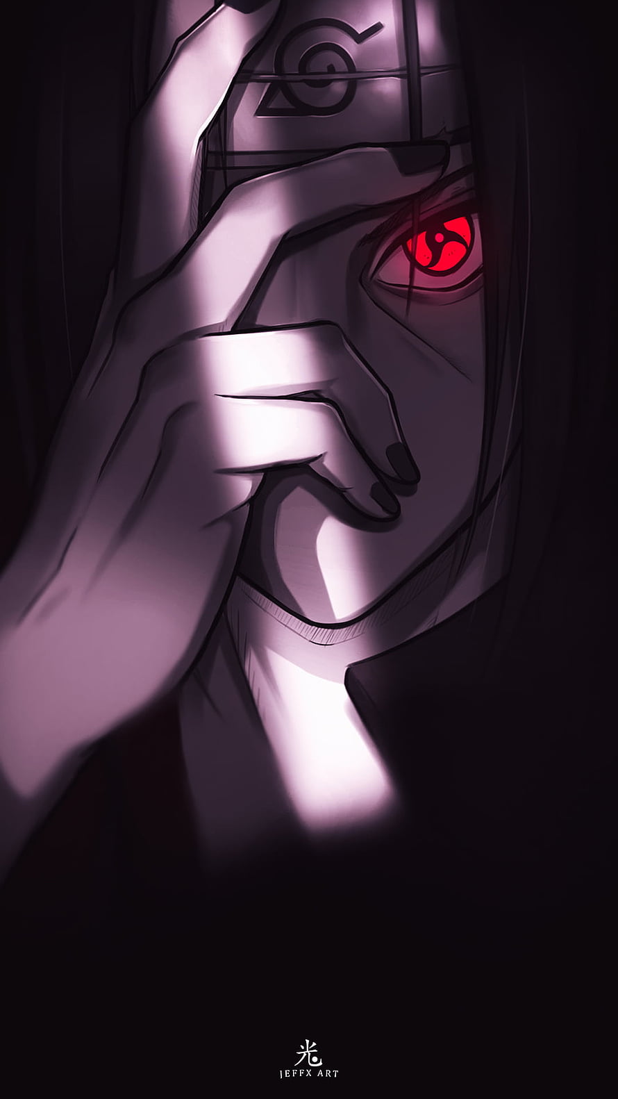 Itachi Uchiha Sharingan Close-Up in Dark Purple Anime Art Style HD phone wallpaper
