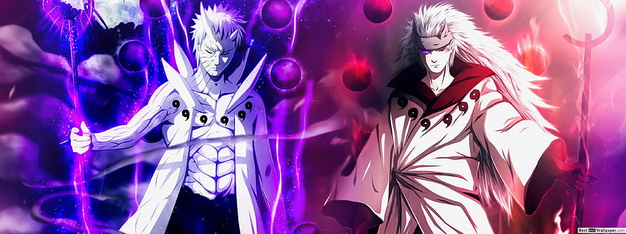 Obito and Madara Uchiha in Sage of Six Paths Mode with Purple and Red Energy HD wallpaper