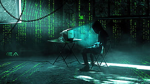 Hacker Silhouette in Dark Room with Matrix Code Rain and Retro CRT Monitor HD wallpaper