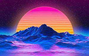 Retro Futuristic Synthwave Landscape with Neon Sun and Wireframe Mountains HD wallpaper