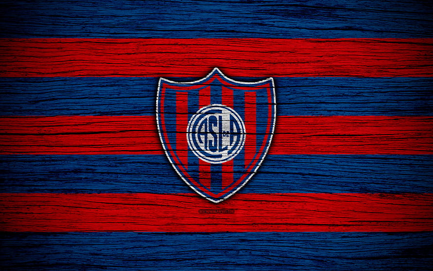 San Lorenzo de Almagro Club Crest on Red and Blue Striped Wood Texture Background HD wallpaper