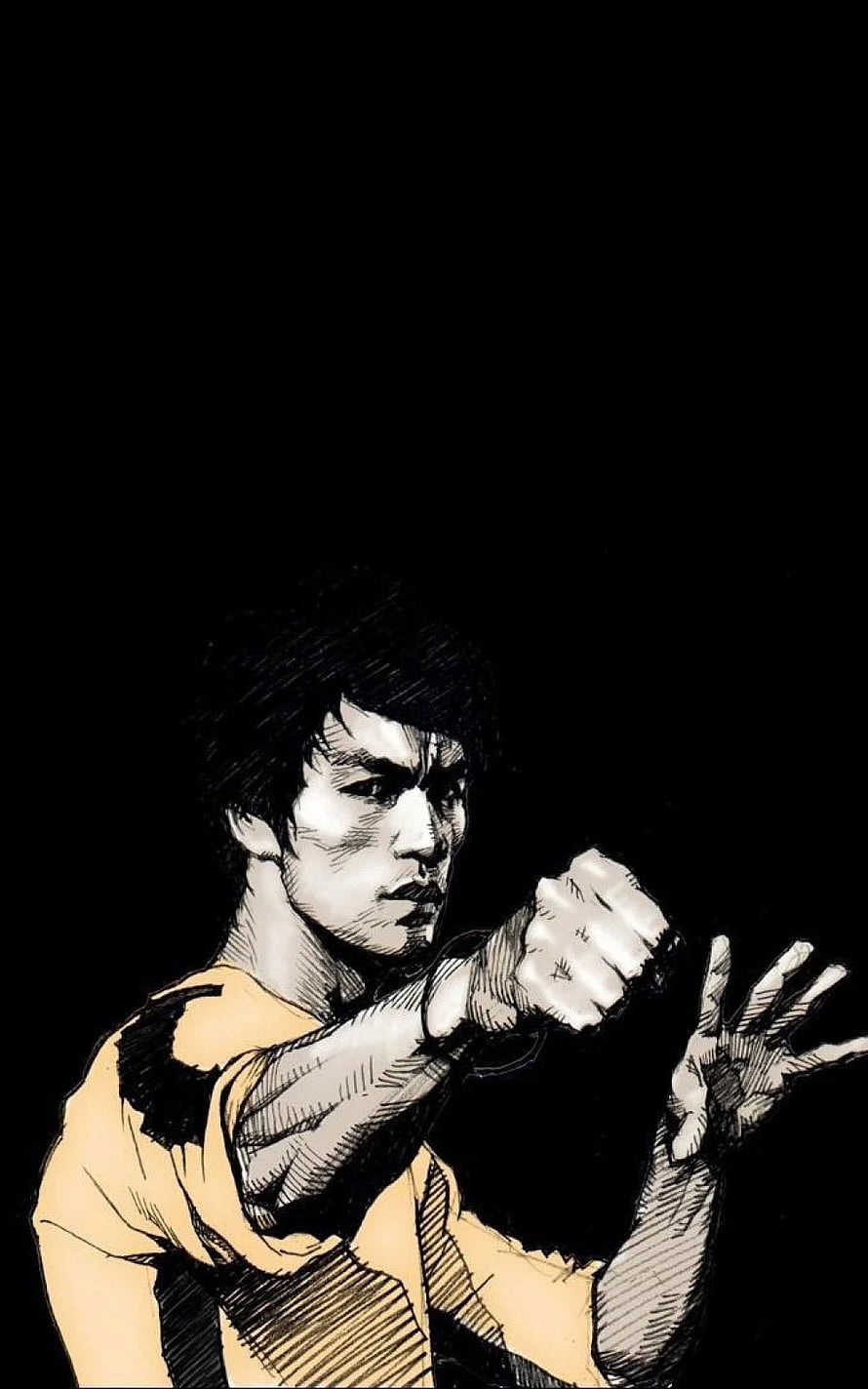 Bruce Lee Martial Arts Illustration in Yellow Gi with Dynamic Punch Pose HD phone wallpaper