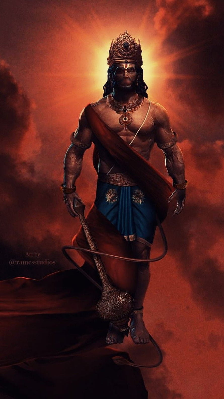 Majestic Lord Hanuman Digital Art with Mace and Fiery Sky, Hanuman, Bajrangbali, Angry Hanumanji, Lord Hanuman HD phone wallpaper