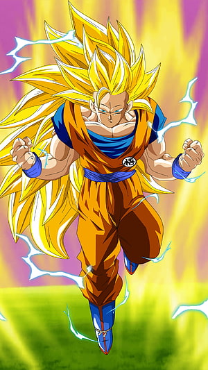 Super Saiyan 3 Goku in Orange Gi with Golden Aura and Lightning HD phone wallpaper