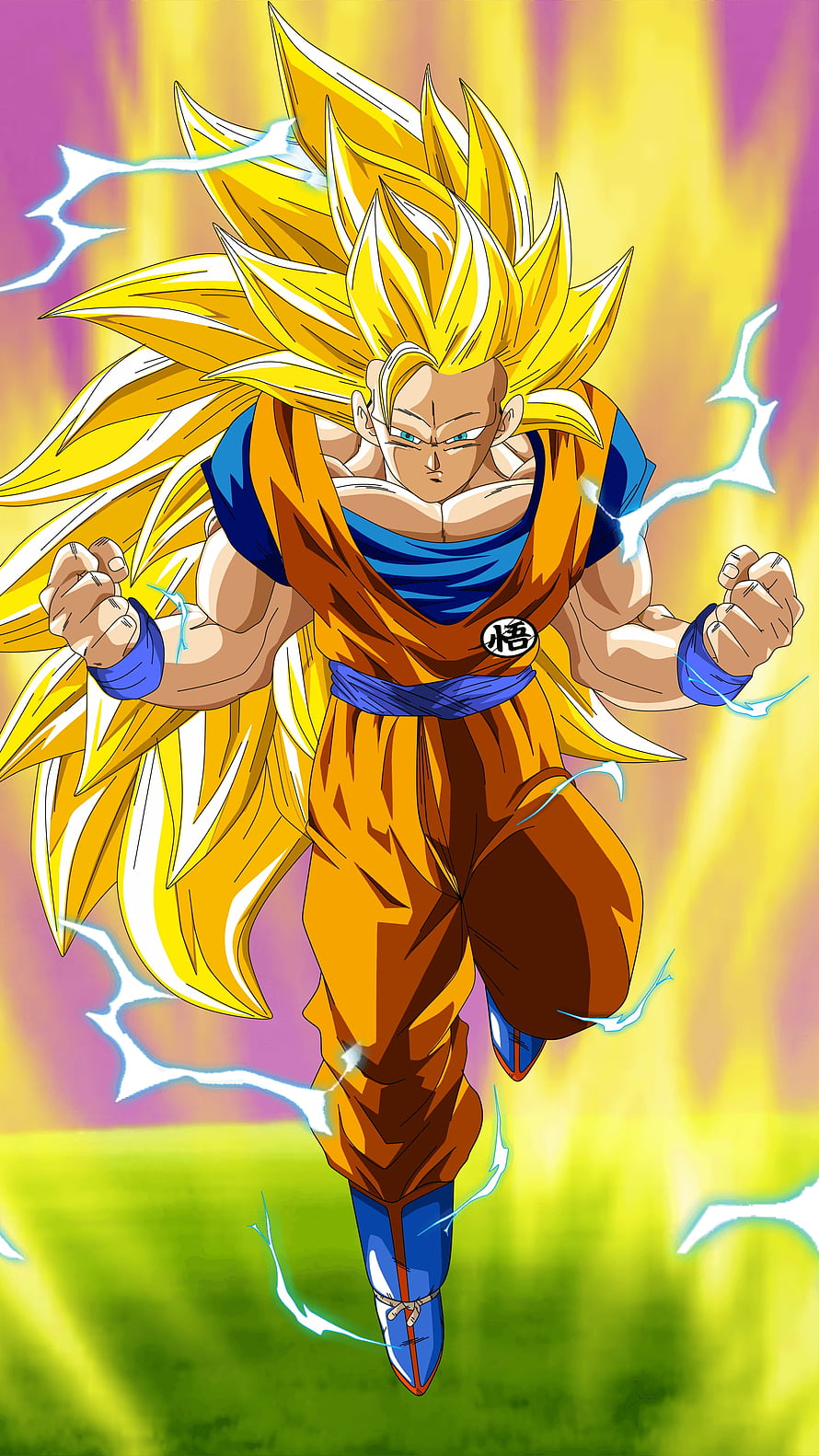 Super Saiyan 3 Goku in Orange Gi with Golden Aura and Lightning HD phone wallpaper