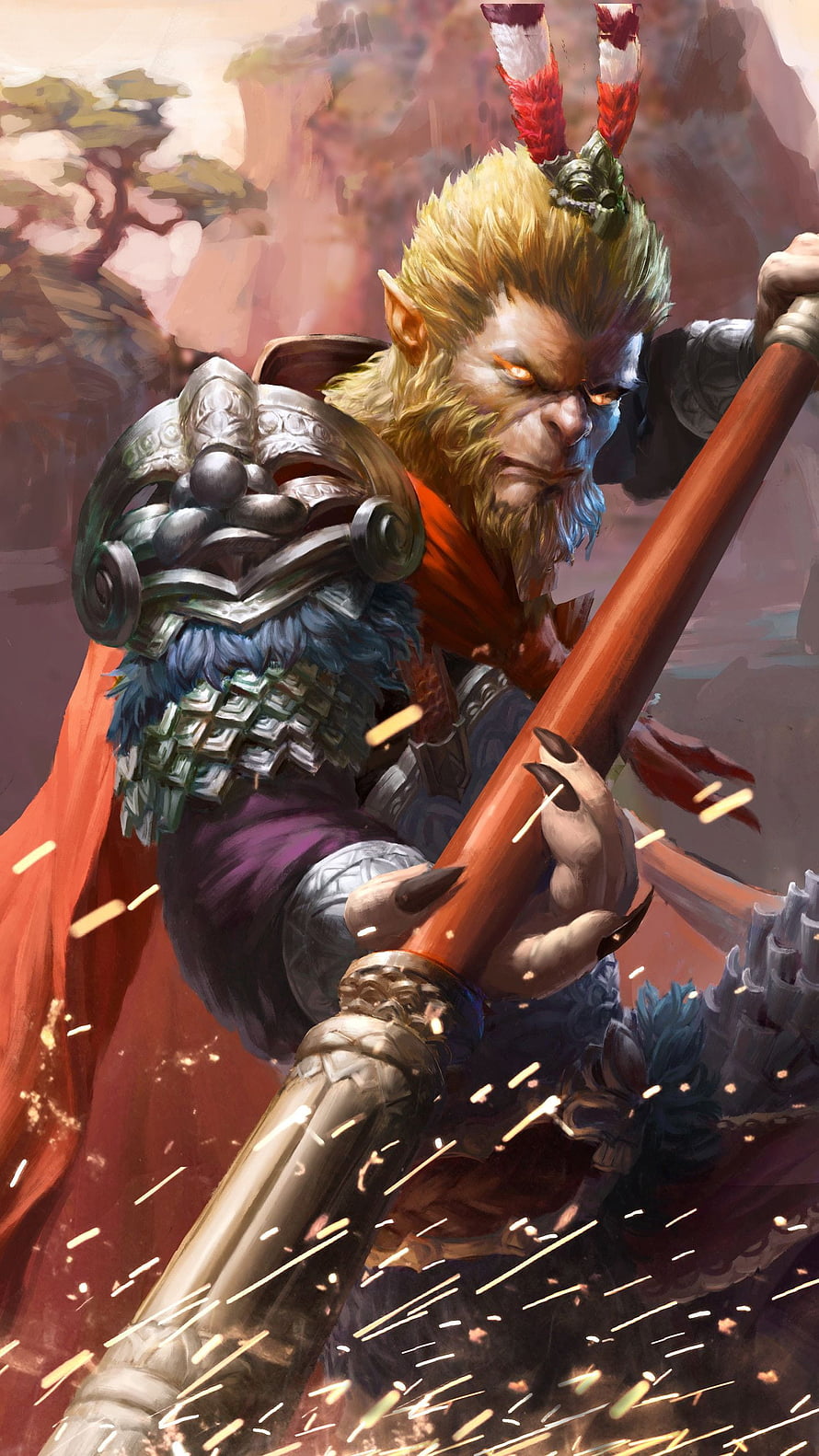 Sun Wukong The Monkey King in Ornate Armor Wielding a Staff Amidst Flying Sparks HD phone wallpaper