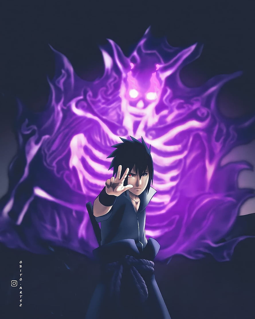 Sasuke Uchiha with Amaterasu Flames in Dark Purple Anime Artwork HD phone wallpaper
