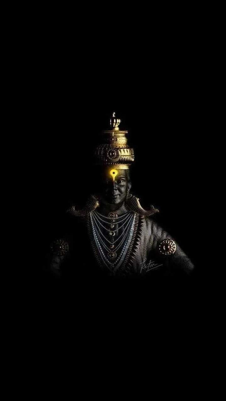 Vitthal Deity Portrait with Golden Crown and Third Eye on Black Background HD phone wallpaper