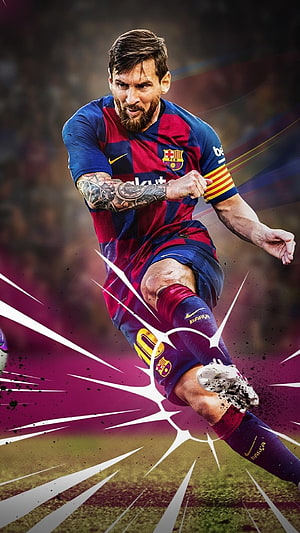 Lionel Messi in Barcelona Kit Striking the Ball with Dynamic Action Effects HD phone wallpaper