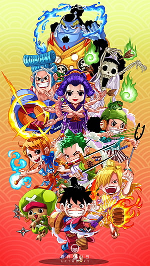 One Piece Wano Country Chibi Character Group Artwork HD phone wallpaper