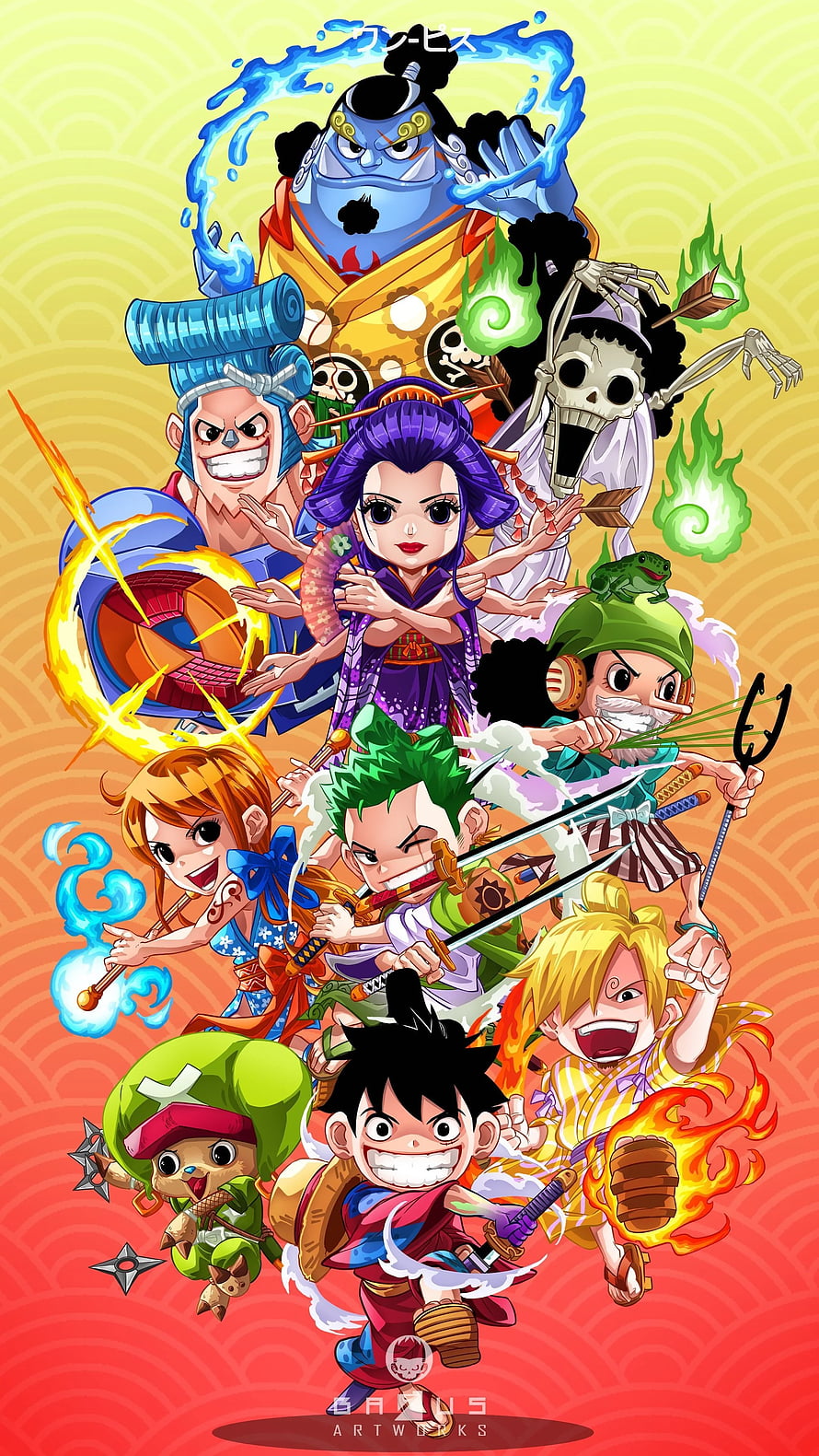 One Piece Wano Country Chibi Character Group Artwork HD phone wallpaper