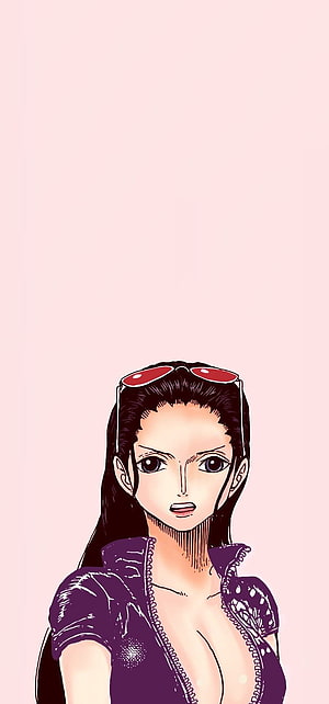 Nico Robin from One Piece in a purple jacket with red sunglasses on her head HD phone wallpaper