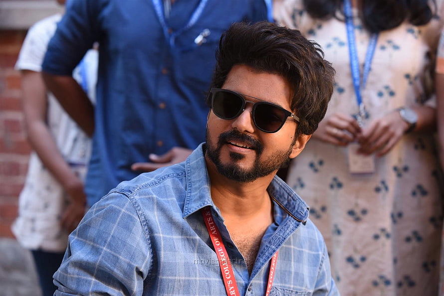 Vijay in casual denim shirt and sunglasses at a public event HD wallpaper