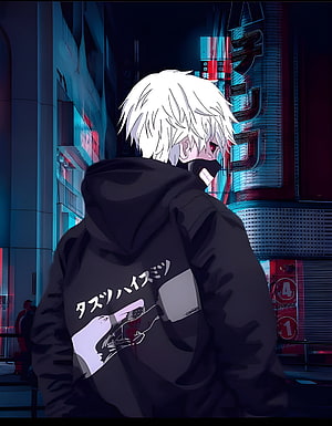 Ken Kaneki from Tokyo Ghoul in a dark hoodie standing in a neon-lit cyberpunk city street at night HD phone wallpaper