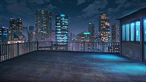 Anime Rooftop Terrace Overlooking a Glowing City Skyline at Night HD wallpaper