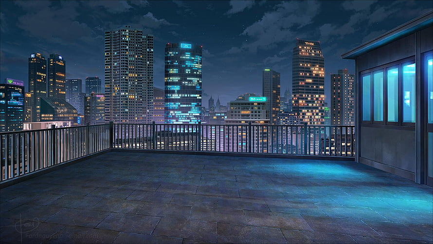 Anime Rooftop Terrace Overlooking a Glowing City Skyline at Night HD wallpaper