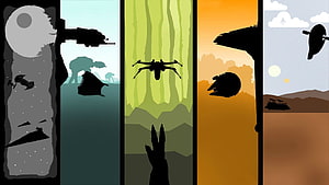 Minimalist Star Wars Silhouette Montage with Iconic Ships and Characters HD wallpaper