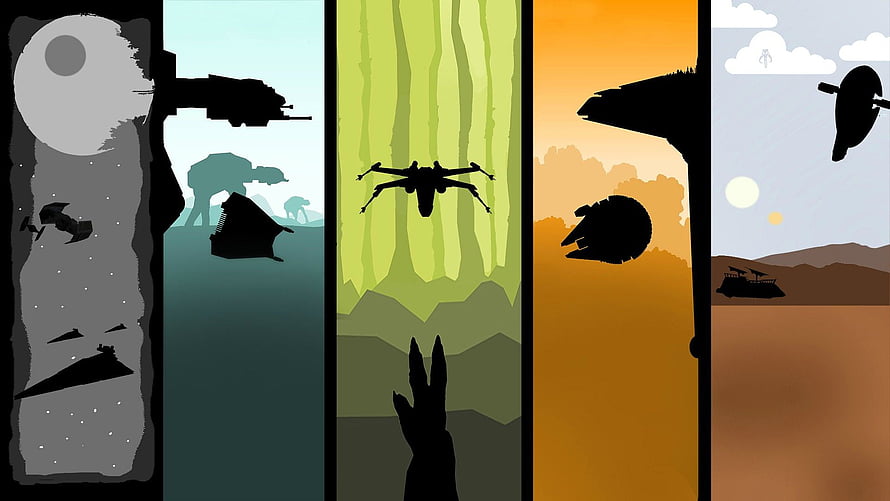Minimalist Star Wars Silhouette Montage with Iconic Ships and Characters HD wallpaper
