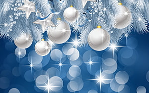 Silver Christmas Ornaments and Frosted Pine Branches on a Blue Bokeh Background HD wallpaper