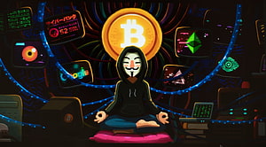 Anonymous Hacker Meditating in Cyberpunk Room with Bitcoin and Crypto Screens HD wallpaper