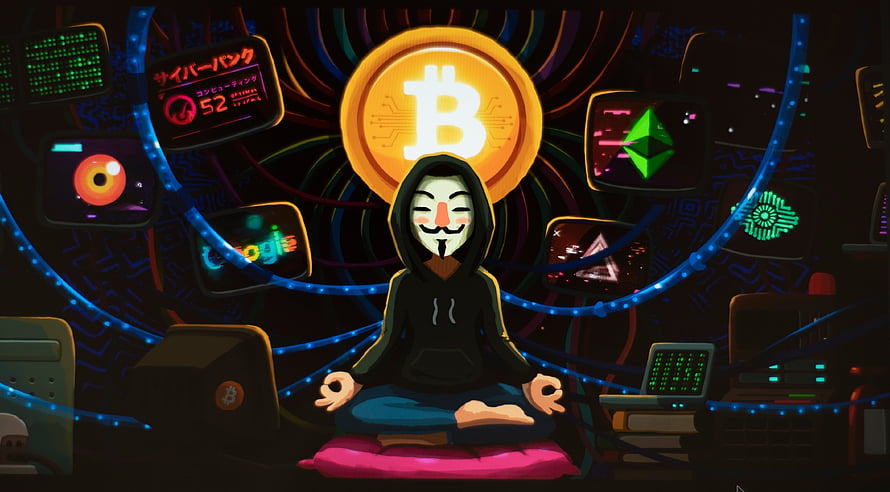 Anonymous Hacker Meditating in Cyberpunk Room with Bitcoin and Crypto Screens HD wallpaper