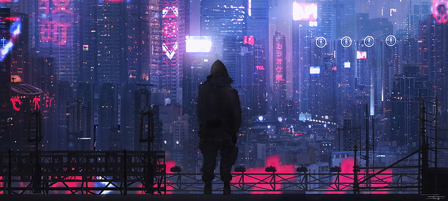 Lone Figure Overlooking Neon Dystopian Megacity at Night HD wallpaper