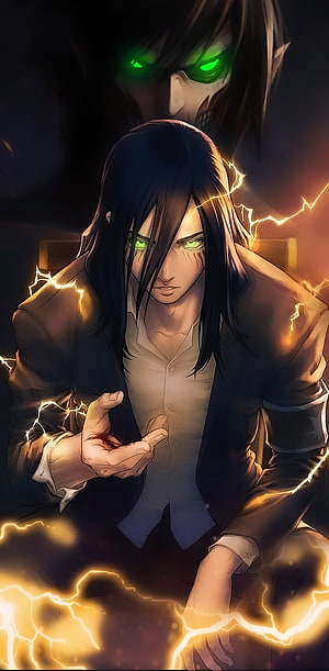 Eren Yeager from Attack on Titan with glowing green eyes and crackling golden lightning energy HD phone wallpaper