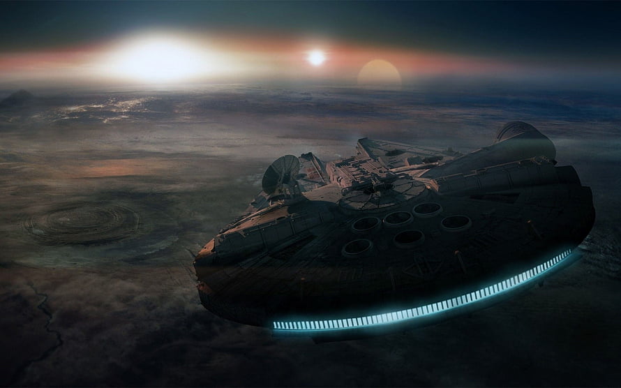 Millennium Falcon Star Wars Spaceship Flying Over Alien Planet at Sunset HD wallpaper