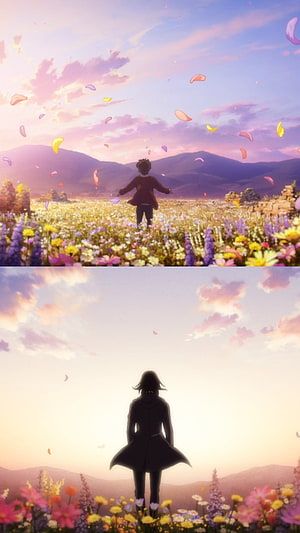 Attack on Titan Eren Yeager Silhouette in Vibrant Flower Field at Sunset HD phone wallpaper